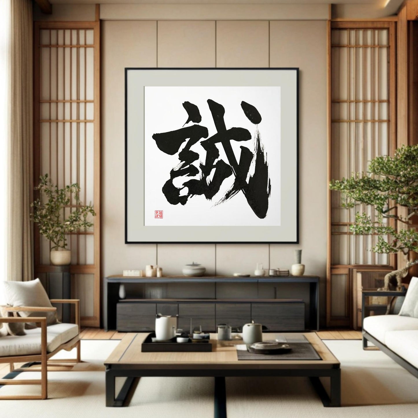 Framed Japanese calligraphy art of the Kanji "Makoto" (Sincerity/Truth) with dramatic, expressive brushwork and dynamic energy. Hung in a traditional-meets-modern Japandi room with shoji screens and a bonsai tree.