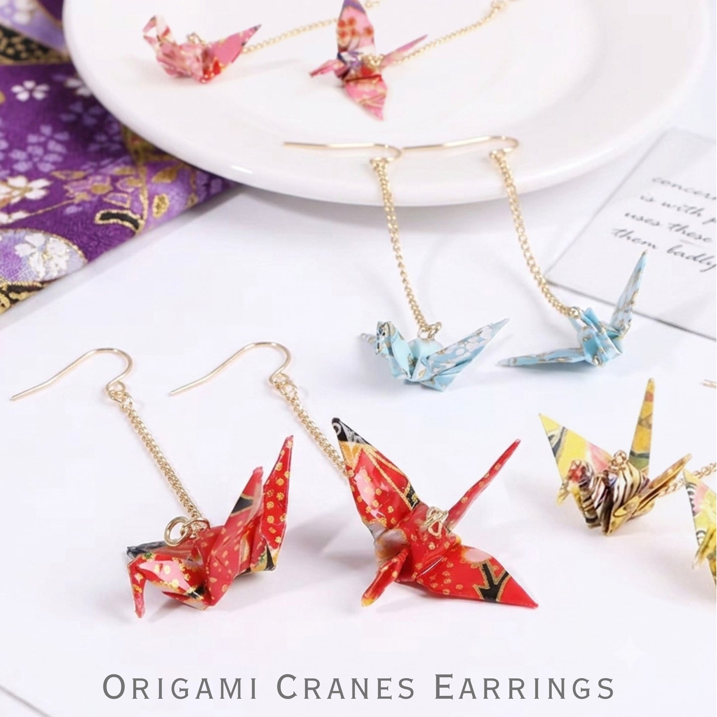 Elegant Origami Crane Dangle Earrings | Waterproof Coated Paper, Surgical Steel Hooks