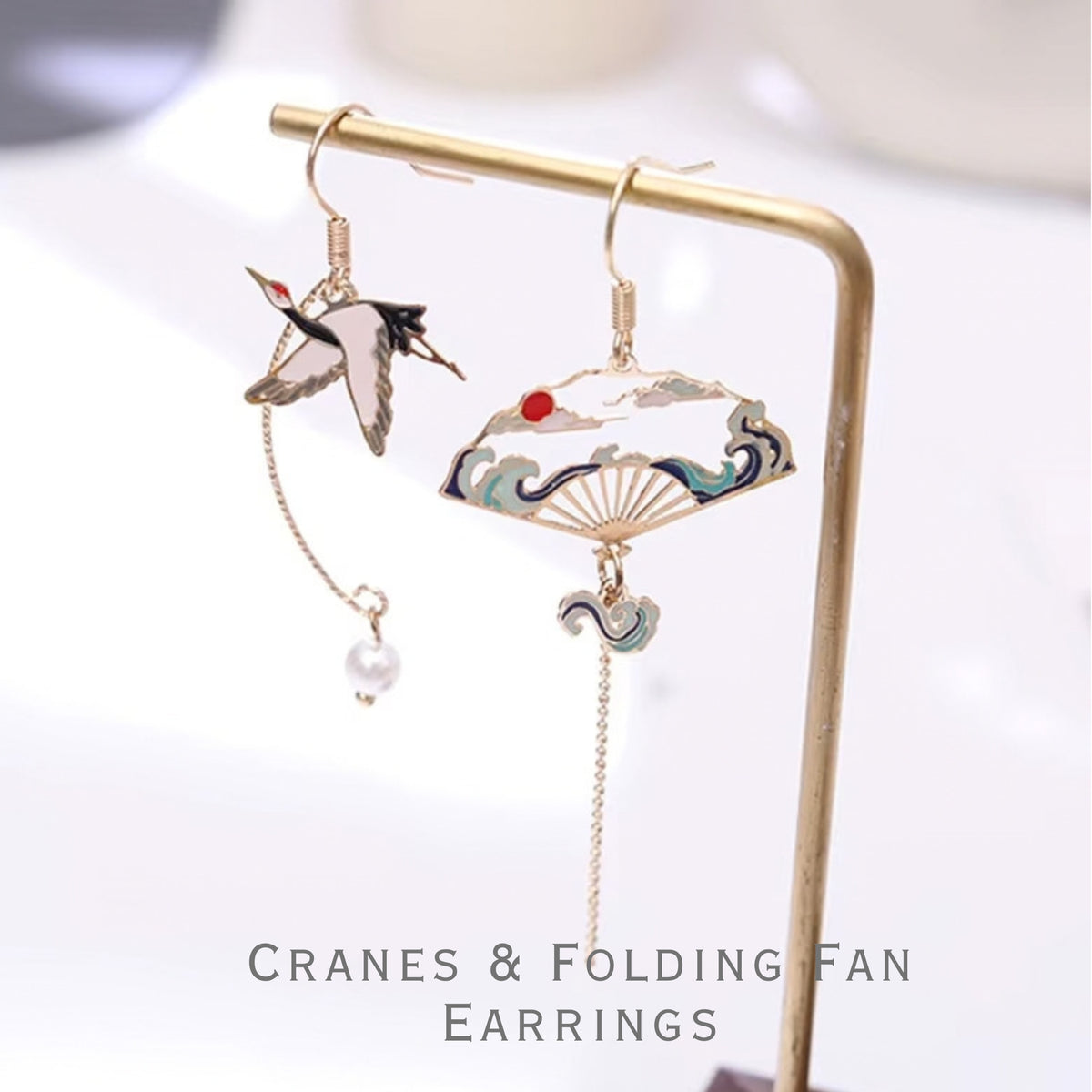 Japanese Crane & Folding Fan Drop Earrings - Asian Oriental Vintage Style