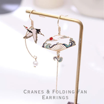 Japanese Crane & Folding Fan Drop Earrings - Asian Oriental Vintage Style