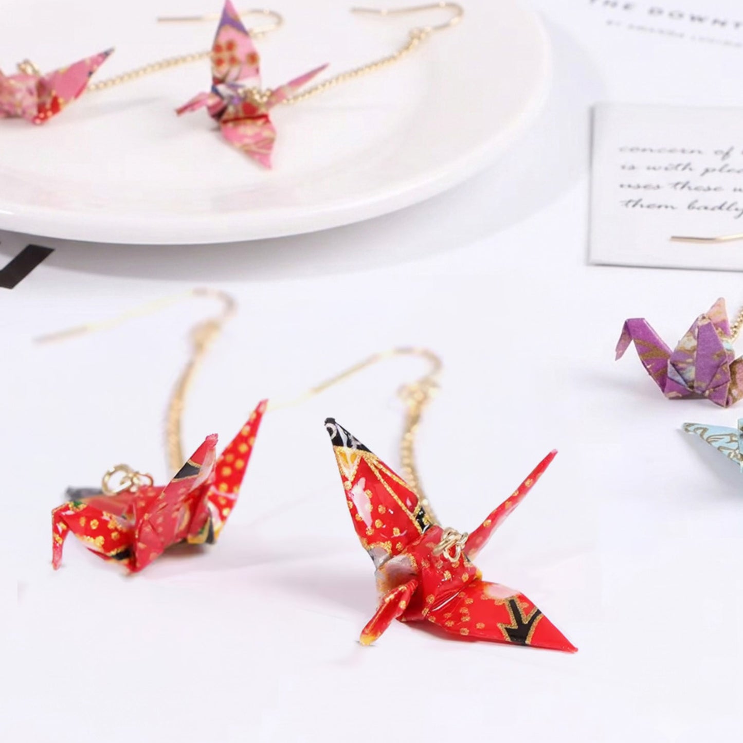 Elegant Origami Crane Dangle Earrings | Waterproof Coated Paper, Surgical Steel Hooks