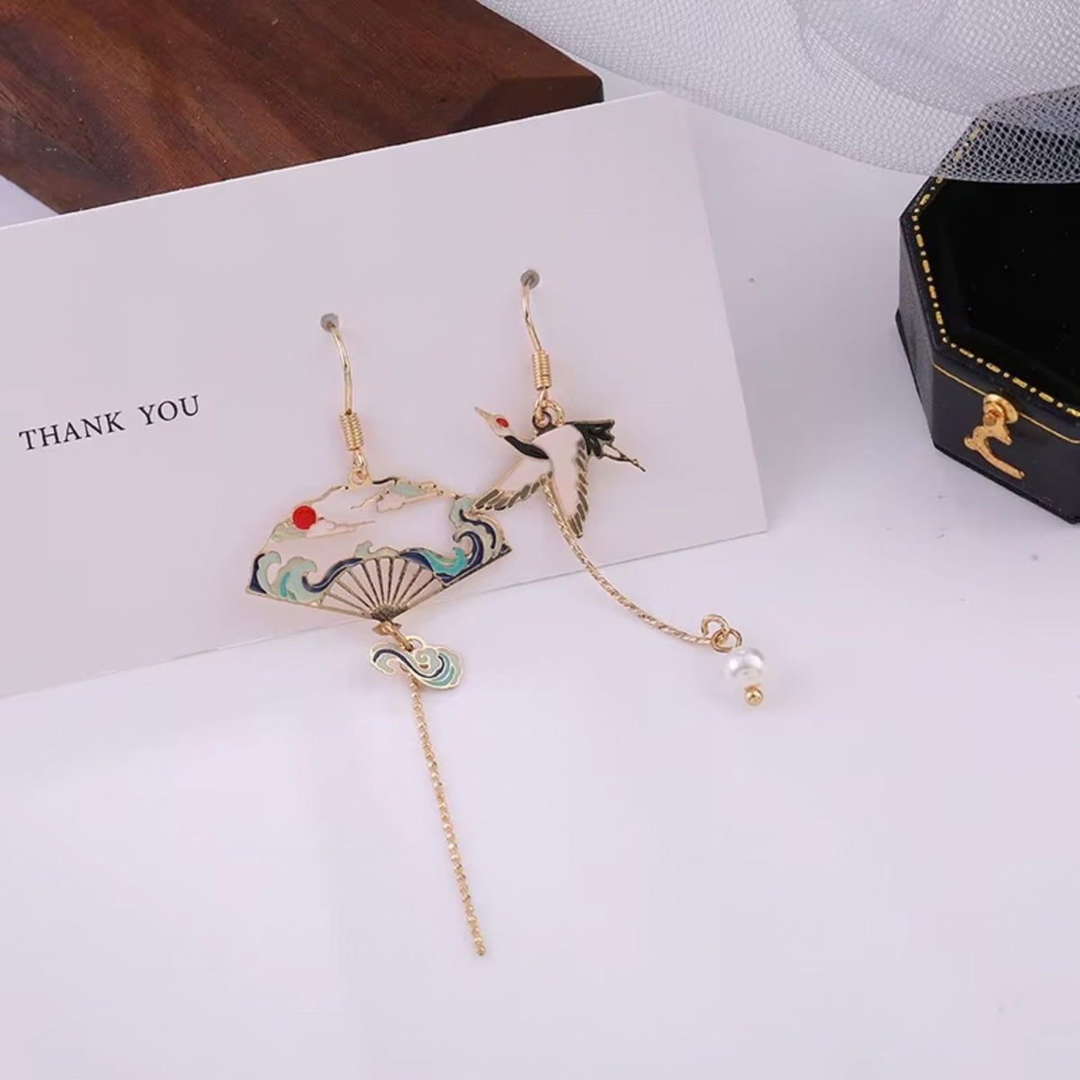 Japanese Crane & Folding Fan Drop Earrings - Asian Oriental Vintage Style