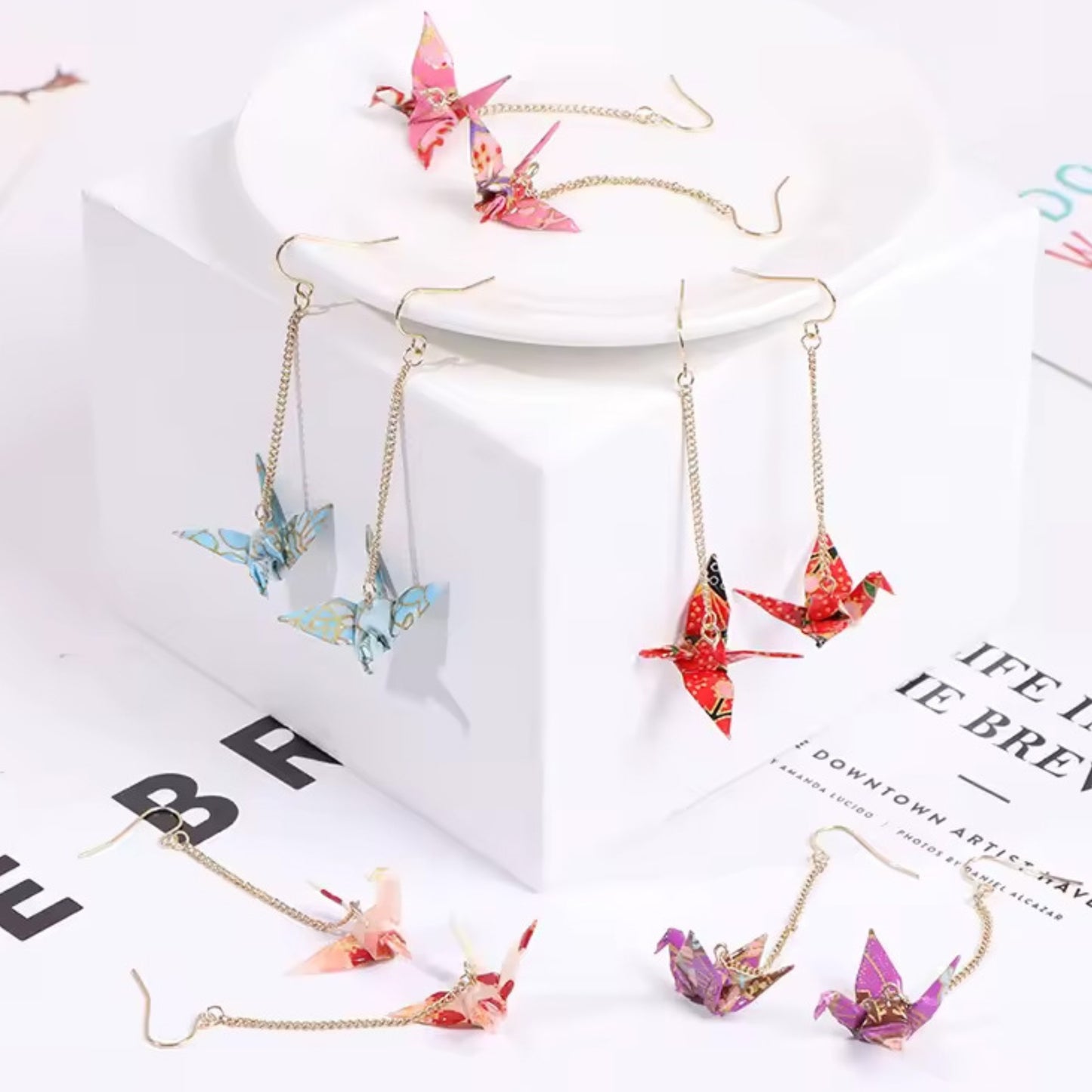 Elegant Origami Crane Dangle Earrings | Waterproof Coated Paper, Surgical Steel Hooks