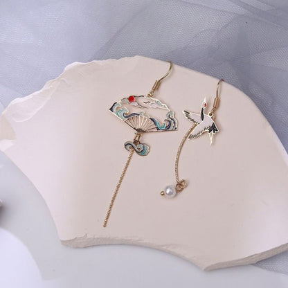 Japanese Crane & Folding Fan Drop Earrings - Asian Oriental Vintage Style