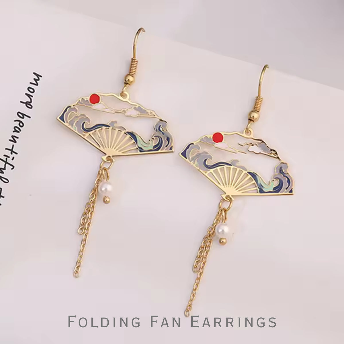 Japanese Crane & Folding Fan Drop Earrings - Asian Oriental Vintage Style