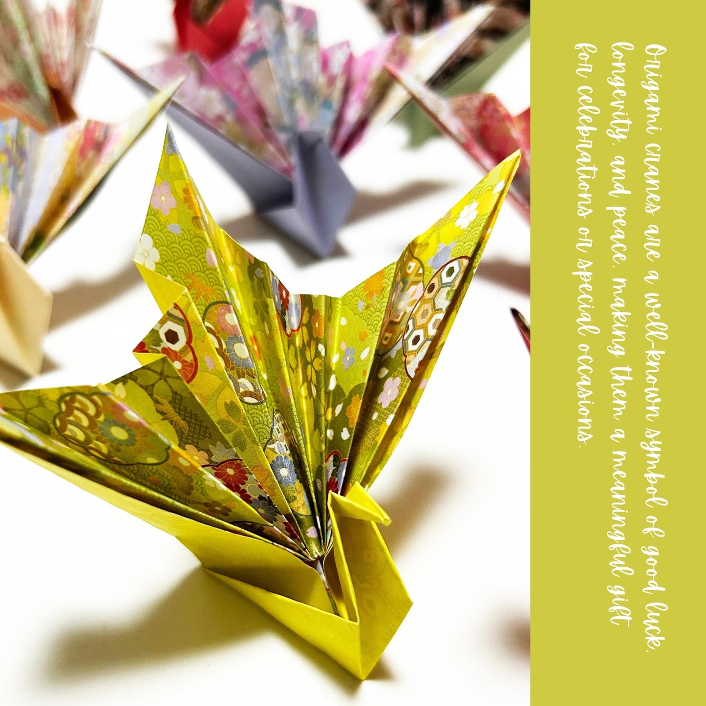 Colorful origami cranes on a white background with text about their symbolism.