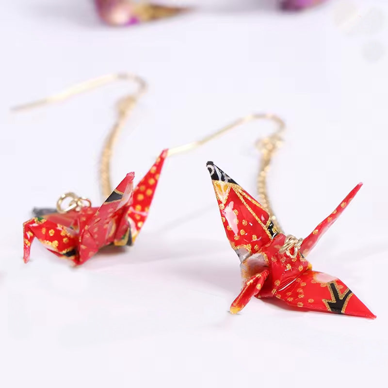 Elegant Origami Crane Dangle Earrings | Waterproof Coated Paper, Surgical Steel Hooks