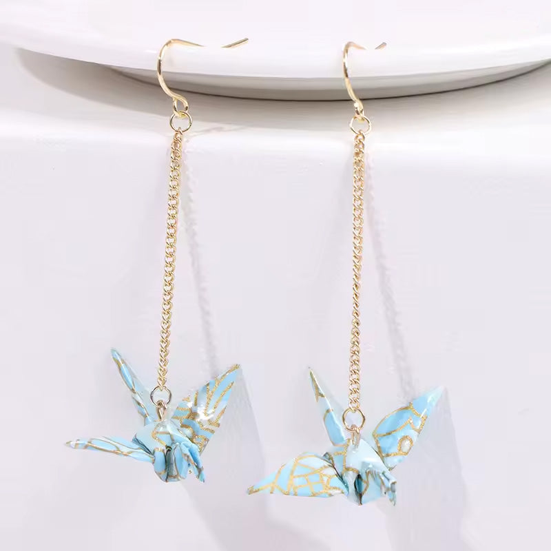 Elegant Origami Crane Dangle Earrings | Waterproof Coated Paper, Surgical Steel Hooks