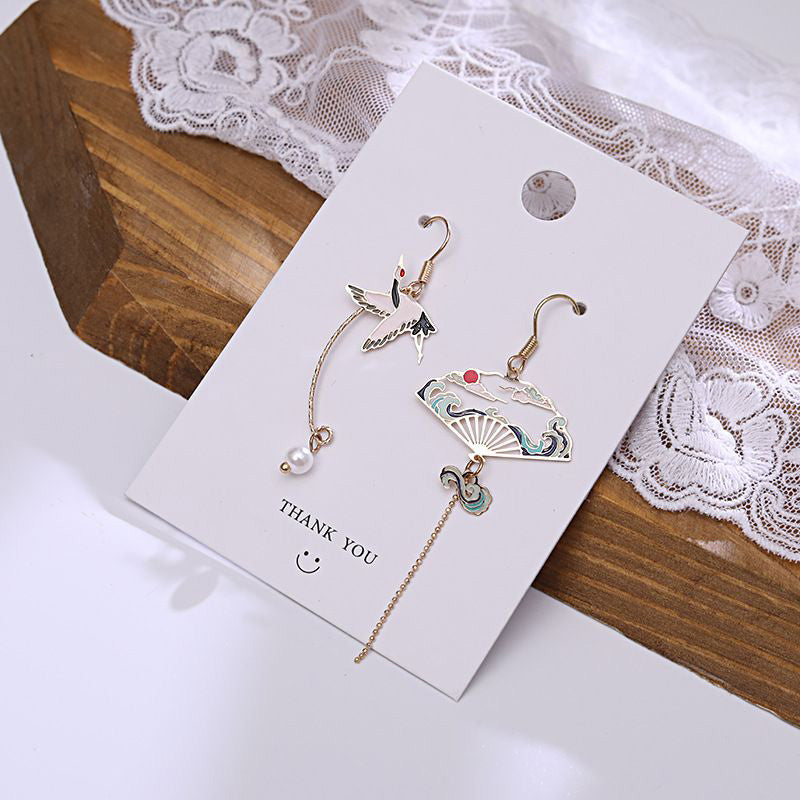 Japanese Crane & Folding Fan Drop Earrings - Asian Oriental Vintage Style