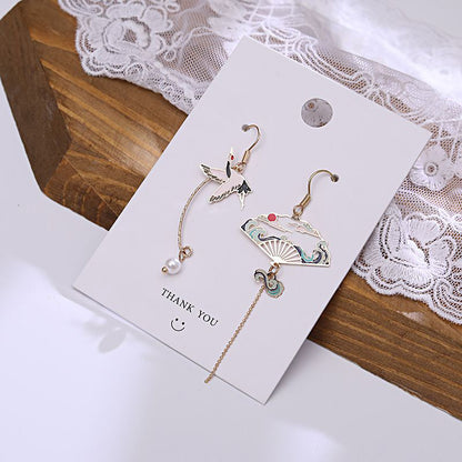 Japanese Crane & Folding Fan Drop Earrings - Asian Oriental Vintage Style