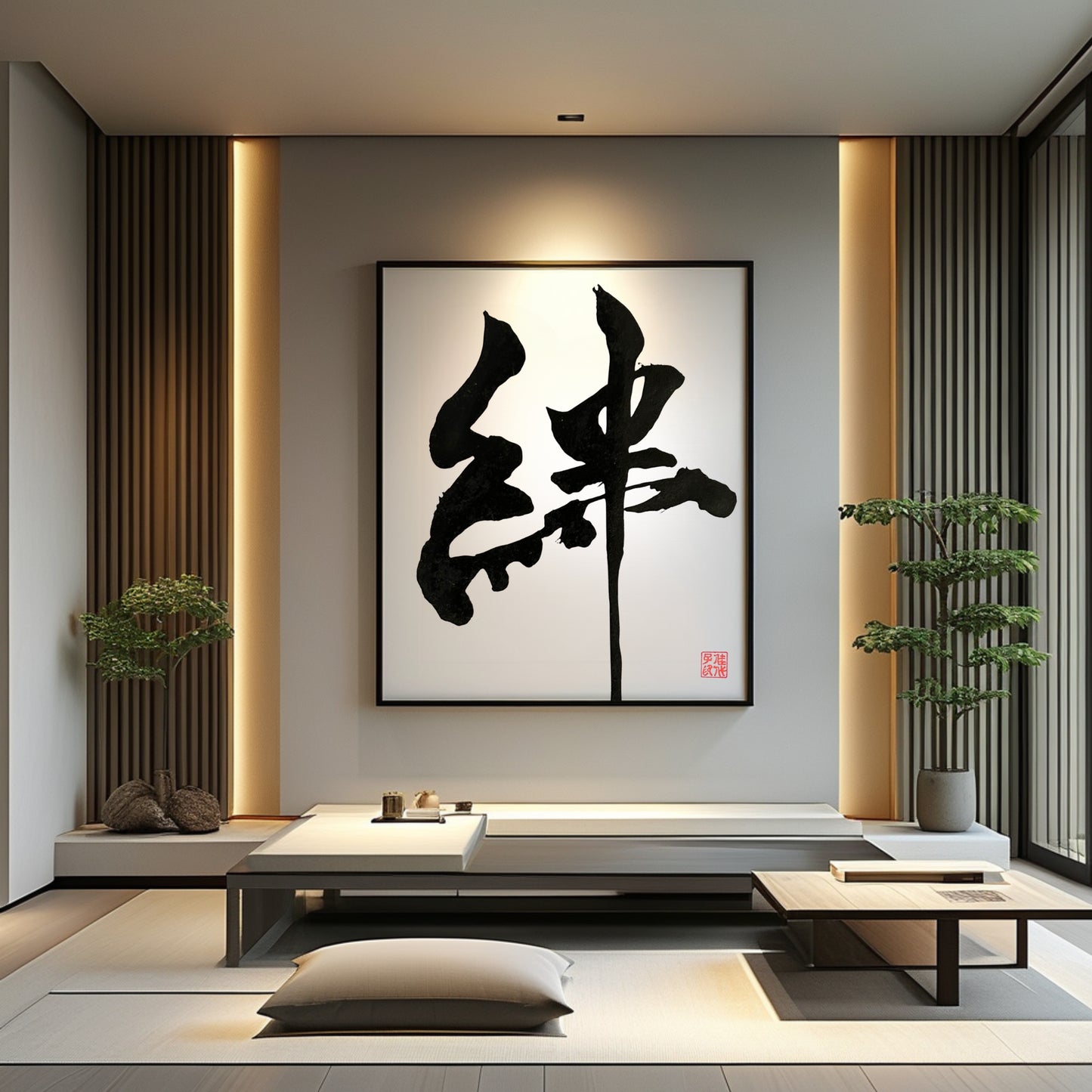 Powerful, high-contrast Japanese Kanji calligraphy of "Kizuna" (Bond), hand-painted with bold, saturated sumi ink. A large-scale statement piece framed on a minimalist wall in a sophisticated modern Zen interior.