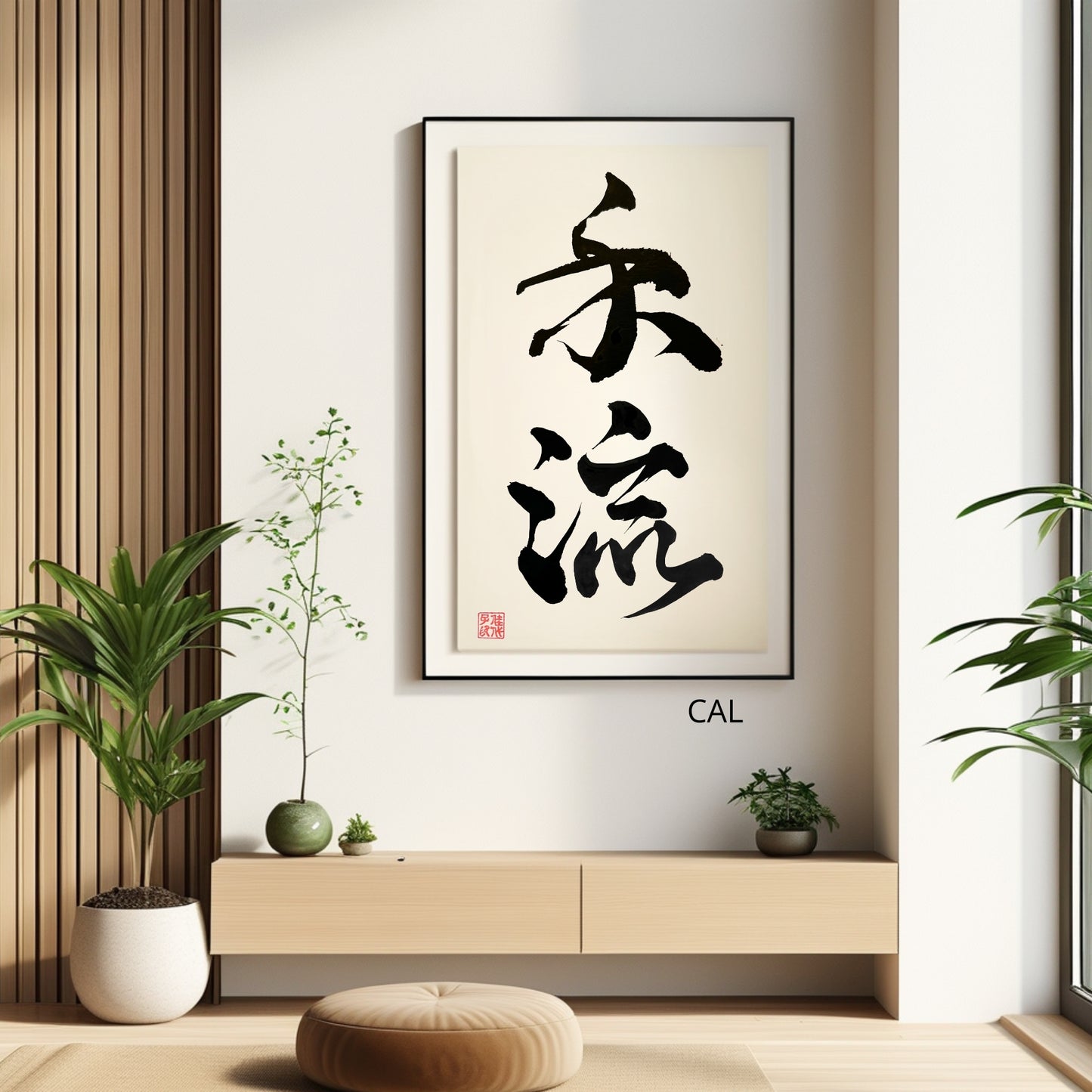 Personalized Kanji name art "CAL" written in elegant flowing brushstrokes, displayed in a bright, modern minimalist room with natural wood accents and green plants.