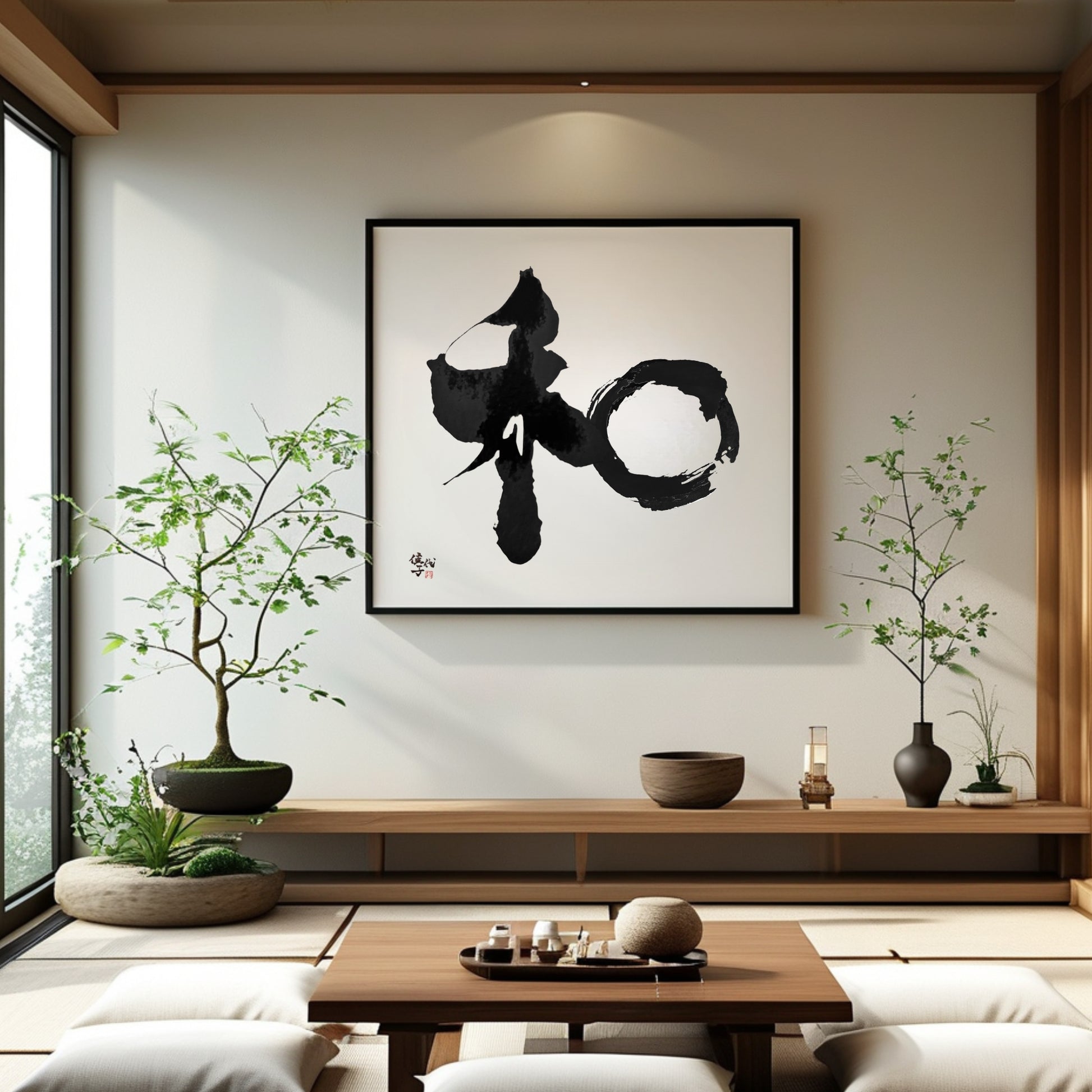 Hand-painted Kanji "Wa" (Harmony/Peace) featuring an Enso-inspired circle style, framed on a minimalist wall with a bonsai tree and traditional tea set.