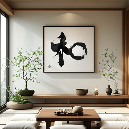 Hand-painted Kanji "Wa" (Harmony/Peace) featuring an Enso-inspired circle style, framed on a minimalist wall with a bonsai tree and traditional tea set.