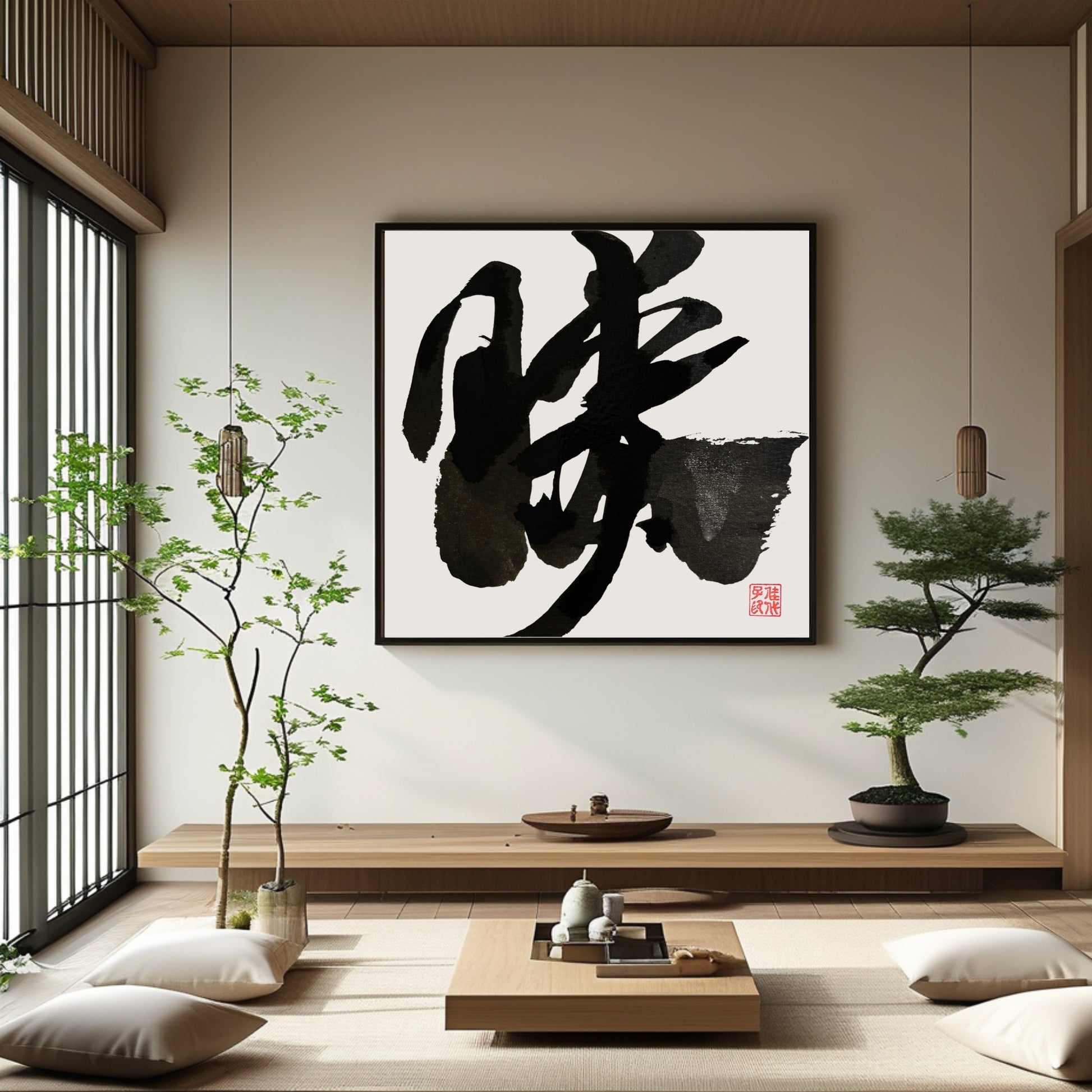 Extra large hand-painted Japanese calligraphy of the Kanji "Katsu" (Victory/Success) in a bold brush style. Displayed in a luxury Zen-inspired room with tatami mats and a bonsai tree. A premium Japandi statement piece for high-end interior decor.
