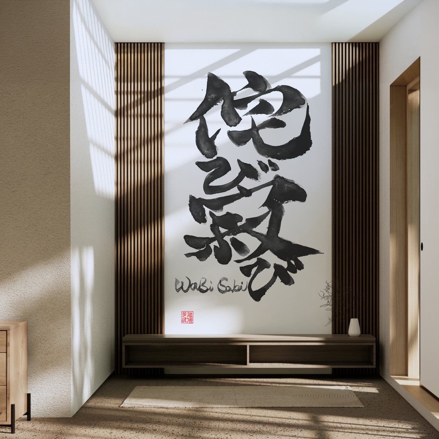 Tall vertical extra large artwork of "Wabi Sabi," hand-painted with expressive brushstrokes on a grand scale. Integrated into a Japanese-style architectural space with wooden slats and natural light.