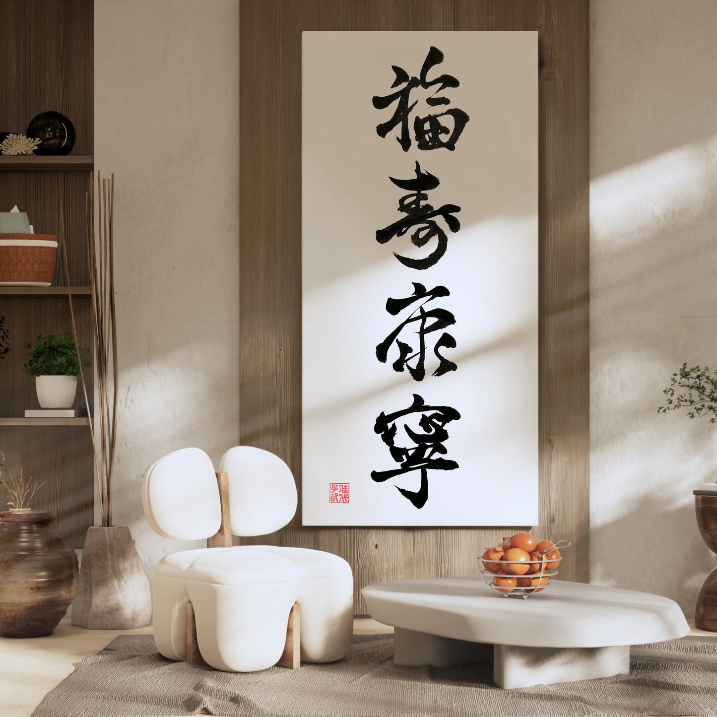 Custom oversized four-character calligraphy "Fuku Ju Kou Nei" (Happiness, Longevity, Health, and Peace) in a modern lounge area. Unique large-scale Japanese art for spiritual well-being and prosperity.