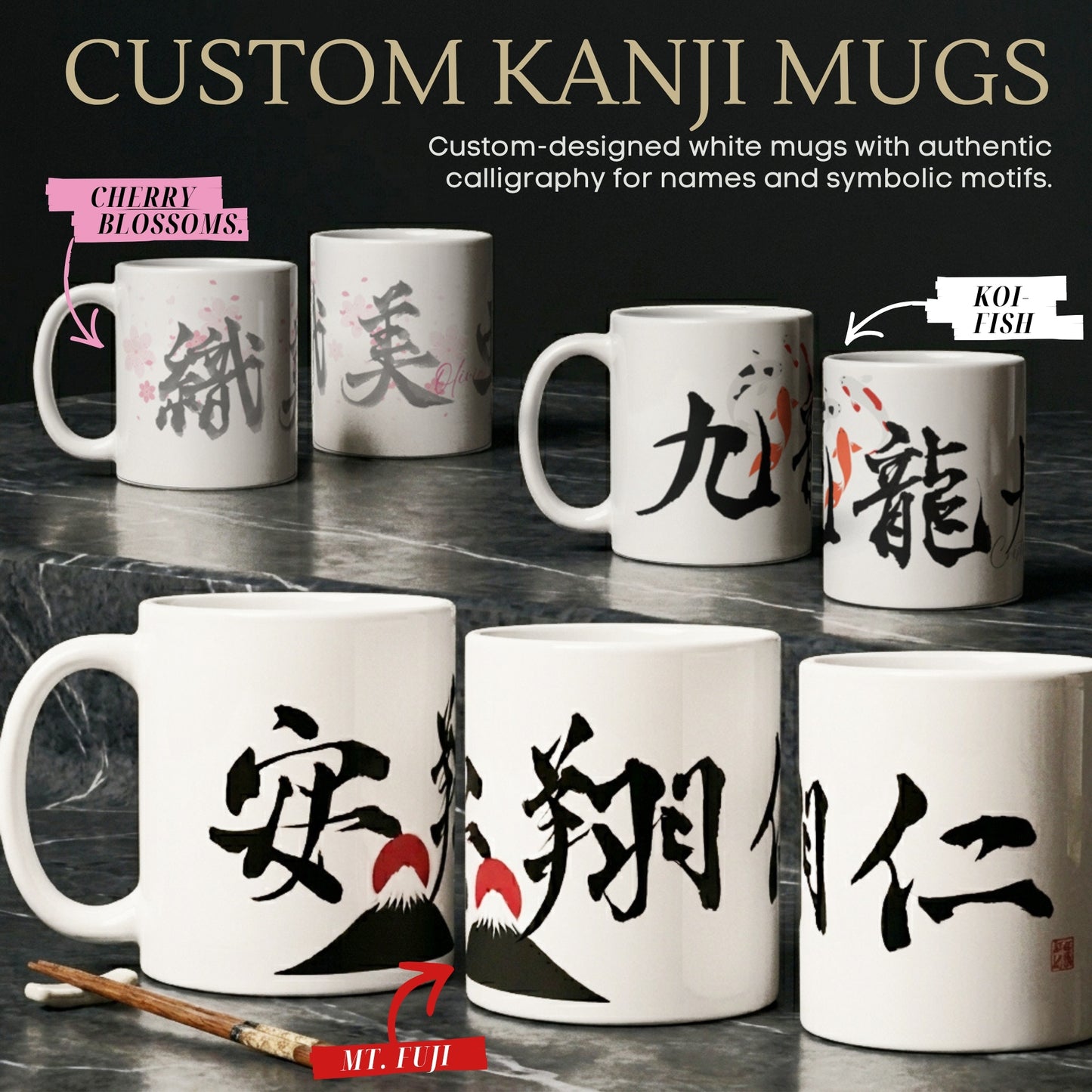 Three ceramic mugs featuring custom Japanese calligraphy names: "Anthony," "Christian," and "Olivia." Each mug showcases a unique hand-painted Kanji design, making it a perfect personalized gift for coffee and tea lovers.