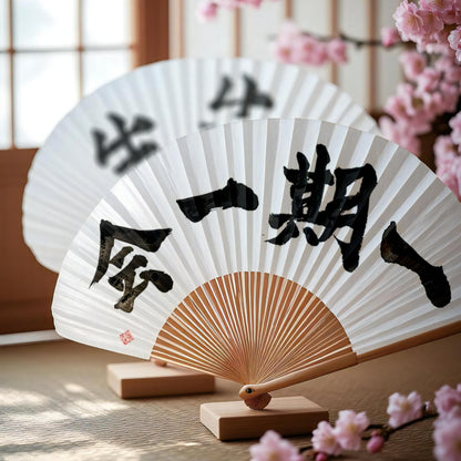 Two white fans with black Japanese text on a wooden stand, surrounded by cherry blossoms.