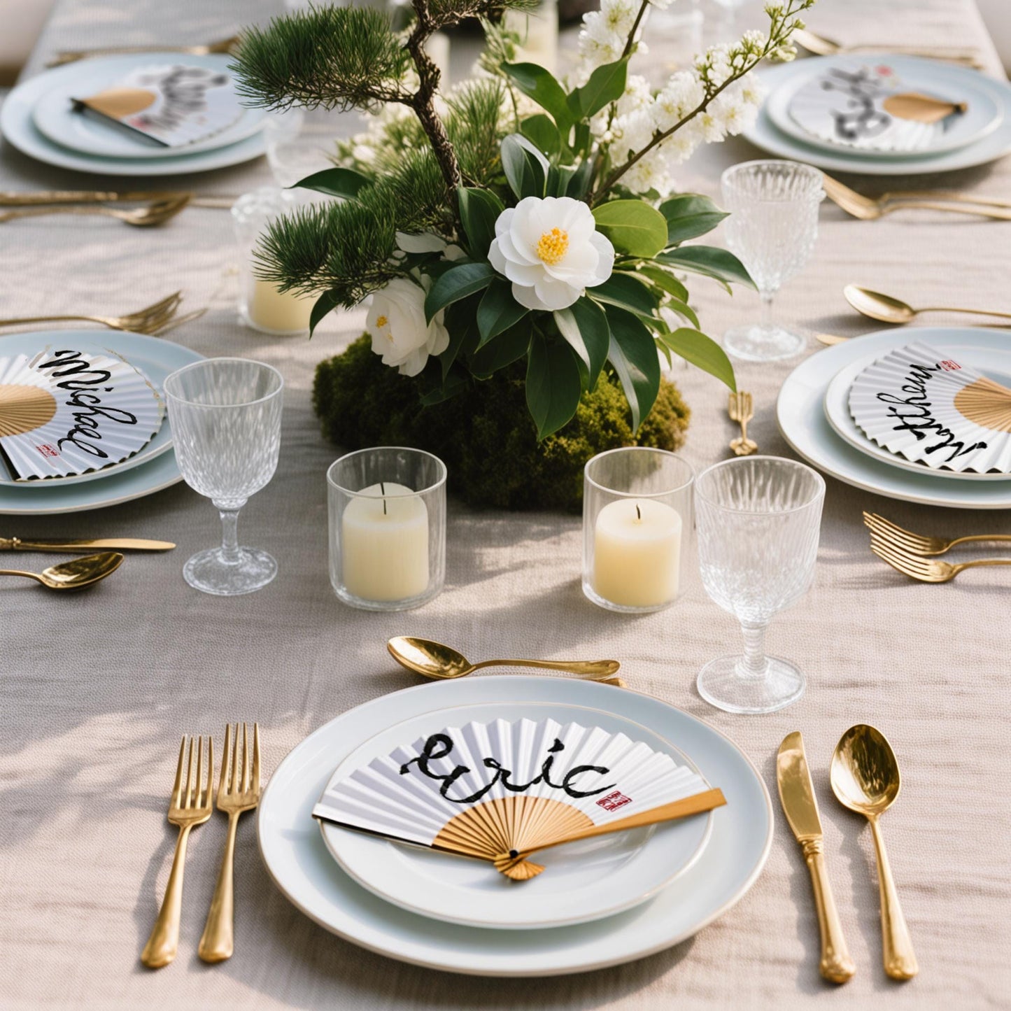 Japanese-style table setting featuring white and gold hand-written folding fans as place cards with the names 'Eric,' 'Michael,' and 'Matthew.' Accompanied by a central arrangement of pine branches, white flowers, moss, and burning candles. Perfect for an elegant Japandi dinner party or wedding decor.