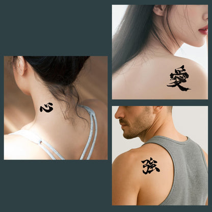 Three people with black temporary tattoos on their necks and shoulders.