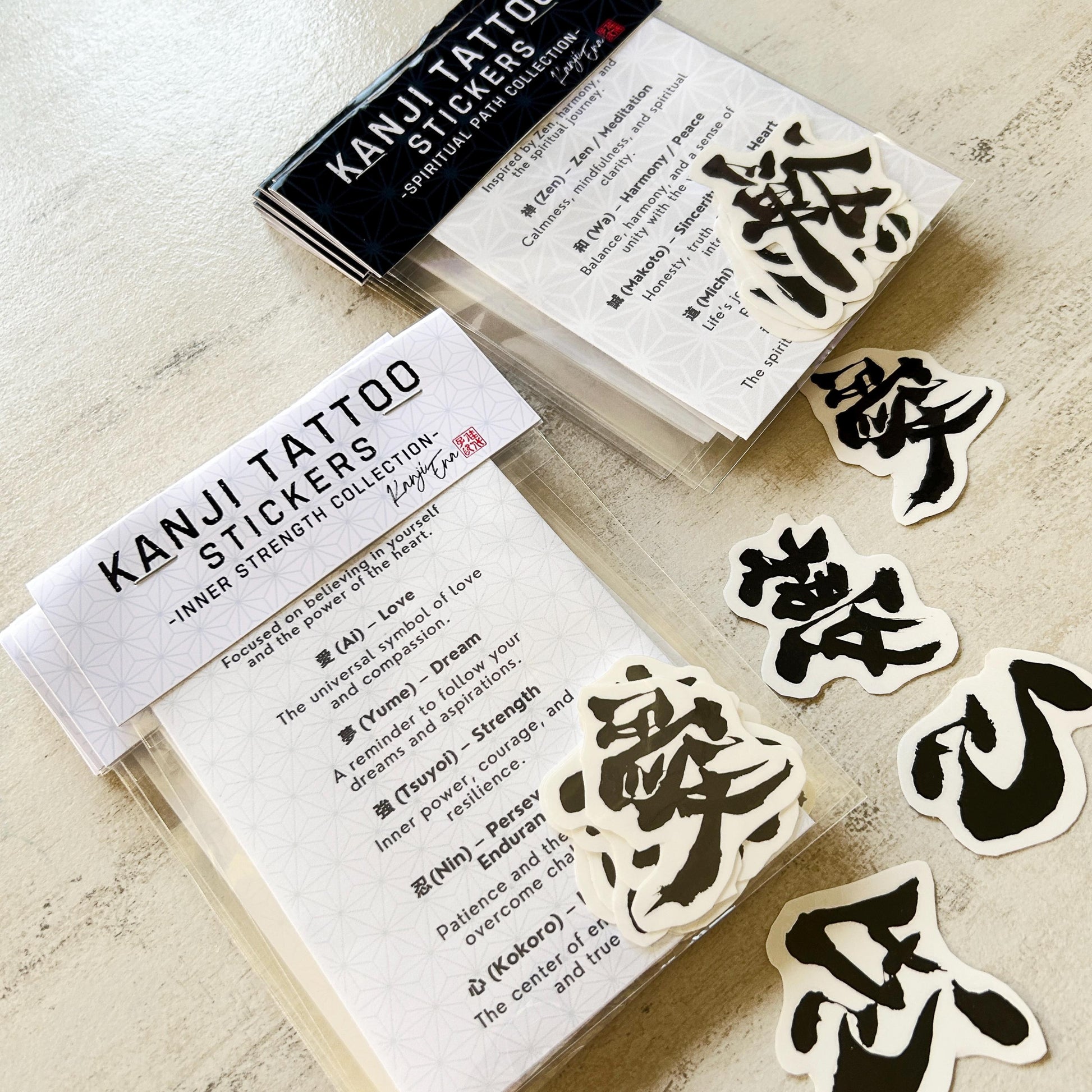 Kanji tattoo stickers with packaging on a textured surface