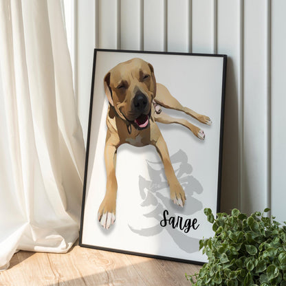 Custom Pet Portrait with Kanji Calligraphy: Unique Wall Art