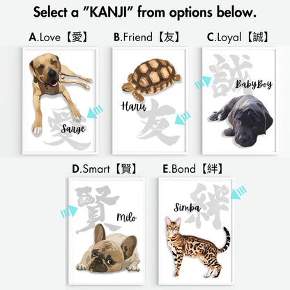 Custom Pet Portrait with Kanji Calligraphy: Unique Wall Art
