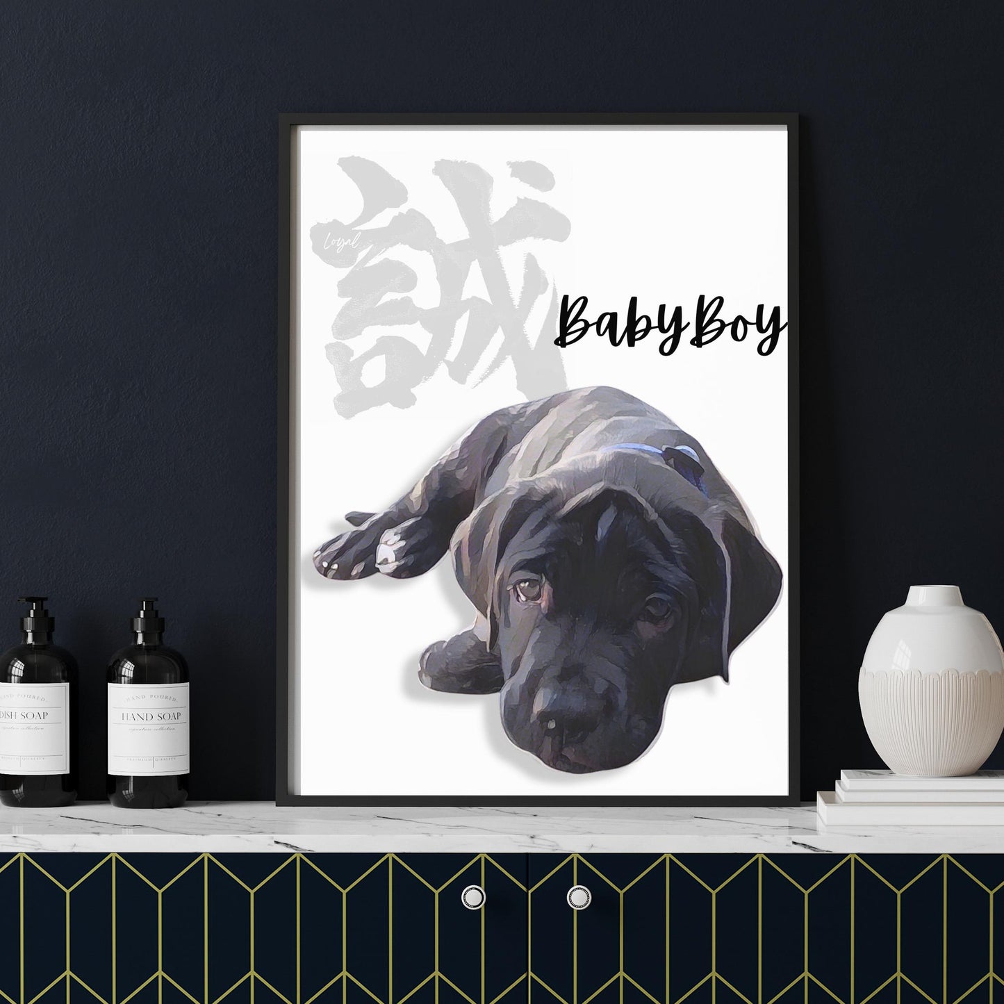Custom Pet Portrait with Kanji Calligraphy: Unique Wall Art