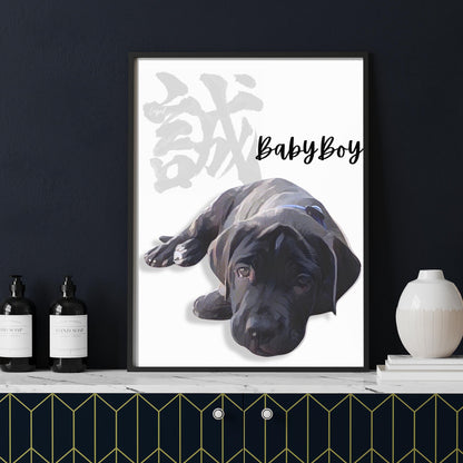 Custom Pet Portrait with Kanji Calligraphy: Unique Wall Art