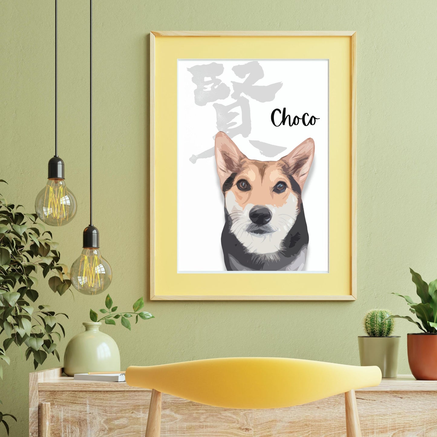 Custom Pet Portrait with Kanji Calligraphy: Unique Wall Art