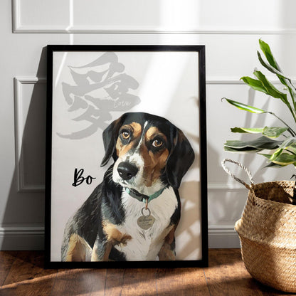 Custom Pet Portrait with Kanji Calligraphy: Unique Wall Art