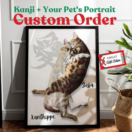 Custom Pet Portrait with Kanji Calligraphy: Unique Wall Art