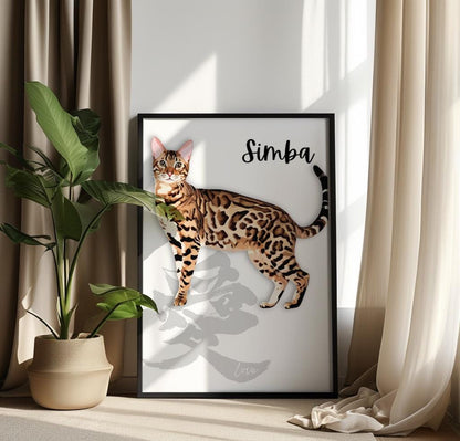 Custom Pet Portrait with Kanji Calligraphy: Unique Wall Art