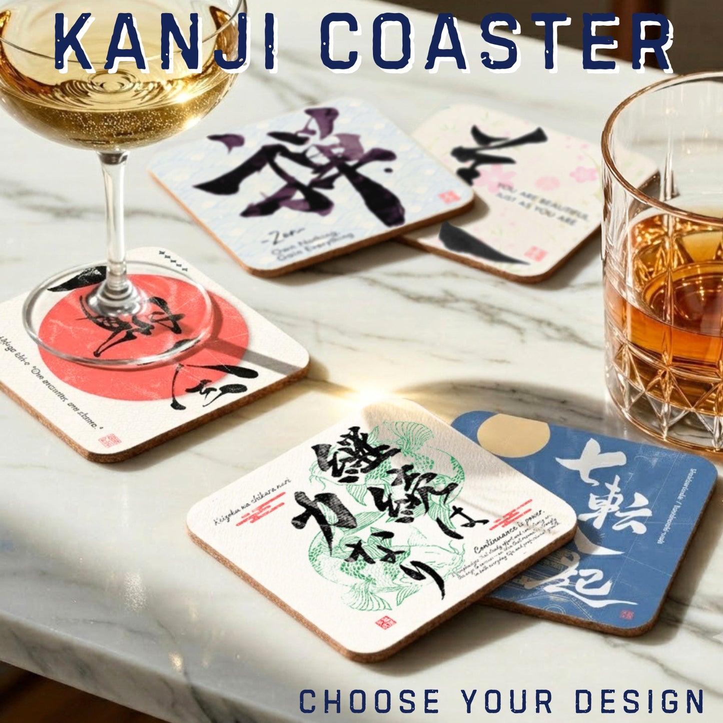 Japanese Kanji Calligrapy Cork Coaster – Choose Your Design – Zen, Wa, Love, Sushi