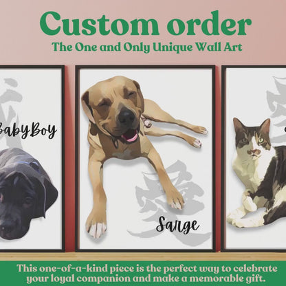 Custom Pet Portrait with Kanji Calligraphy: Unique Wall Art